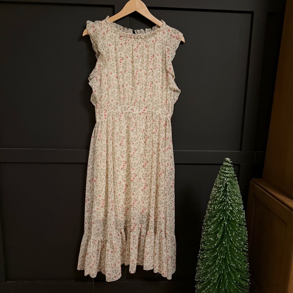 Floral Ruffle Midi Dress in Cream and Pink